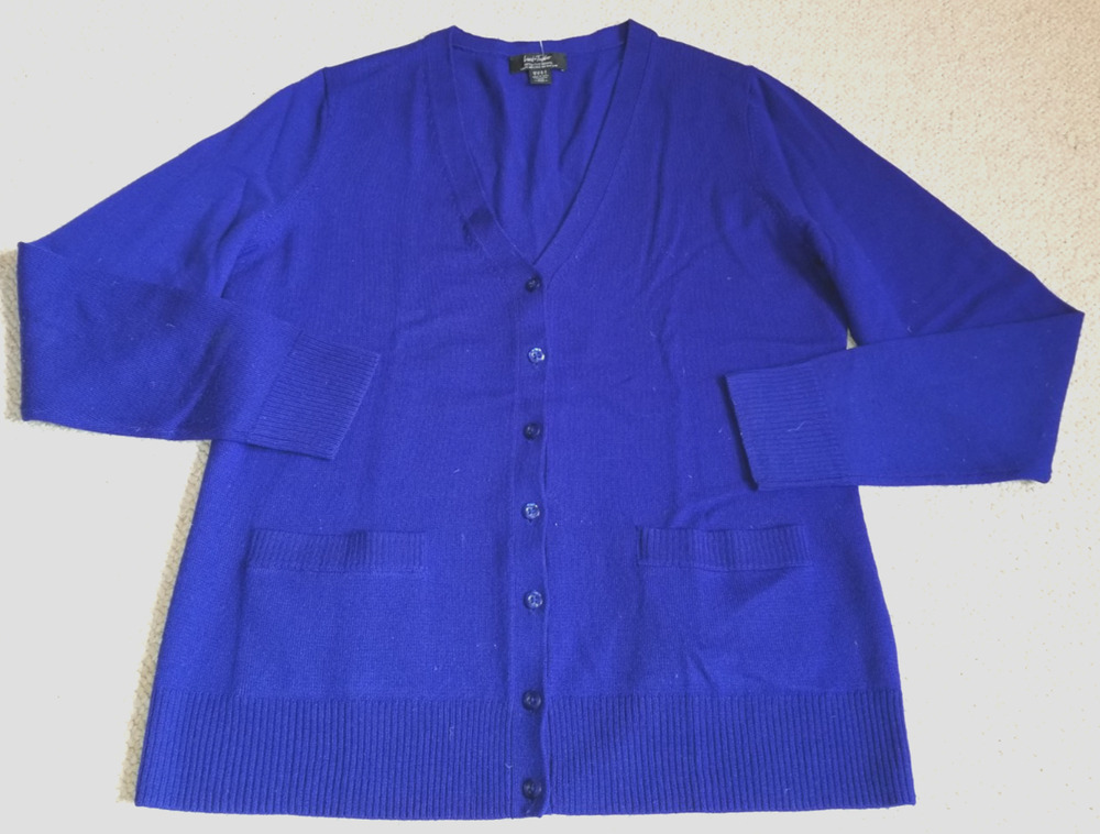 Womens Sweater-LORD & TAYLOR-royal blue extra fine merino wool cardigan Classy-M